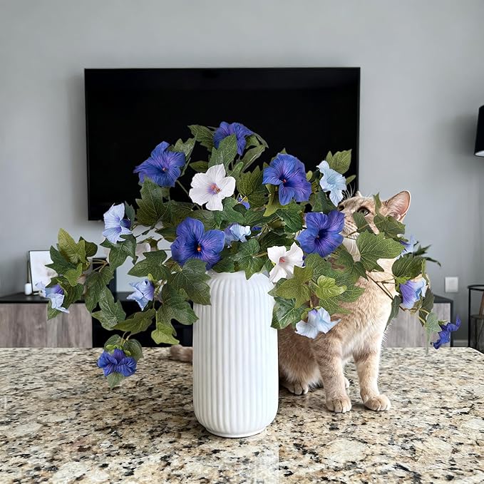 Artificial Fake Petunia Flowers for Outdoor Decoration, 2PCS Faux Silk Petunias Flower for Spring UV Resistant No Fade Realistic Plants for Garden Balcony Yard Porch Indoor Decor(Blue White)