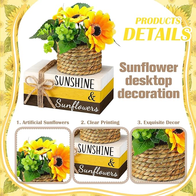 Wesiti 4 Pcs Summer Table Centerpieces Decorations Farmhouse Tiered Tray Decor Sunflower Fake Book Stack Decor Summer Decoration for Home Wooden Block Sign for Desk Tabletop Shelf Indoor
