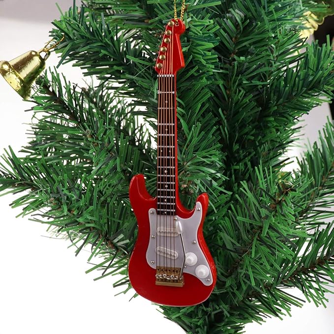 Wooden String Miniature Electric Guitar Hanging Ornament Mini Musical Instrument Replica Holiday Tree Home Decoration Display Ornament (5.49" Electric Guitar)
