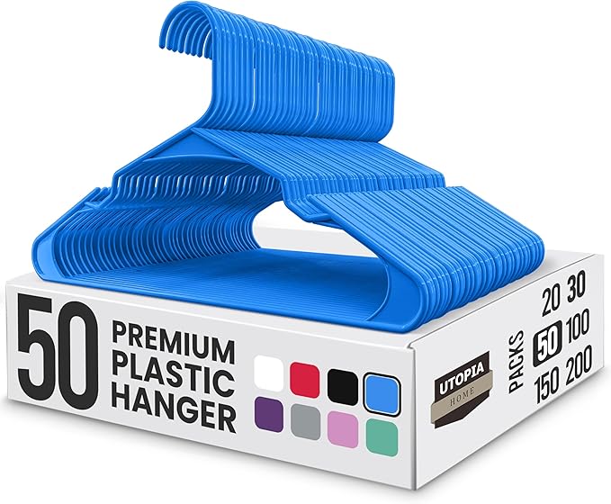 Utopia Home Plastic Hangers 50 Pack - Perfect Space Saving Clothes Hanger - Durable and Strong - Perfect Closet Organizers with Shoulder Grooves (Blue)