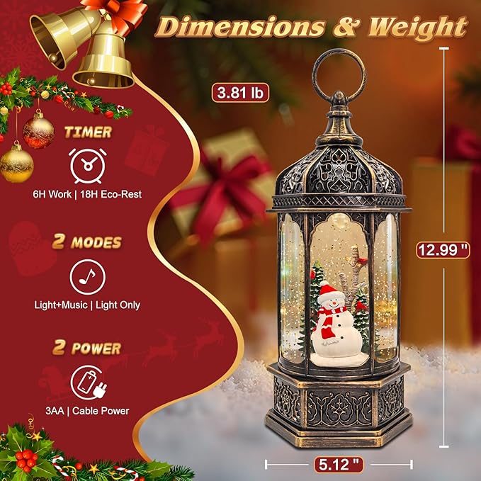 Large Snowman Snow Globe, Cardinal Christmas Tree, Lighted Snow Globes Lantern, Musical&LED Lights, 8 Classic Songs, 6-Hour Timer, Xmas Gifts and Holiday Decoration