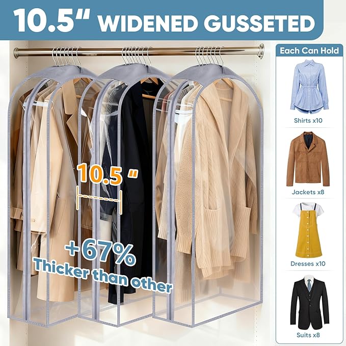 BALEINE 48'' Clear Garment Bags, 10.5'' Wide PEVA Suit Bag for Closet Clothes Dresses Suit Coats Storage (Clear, 9PK)