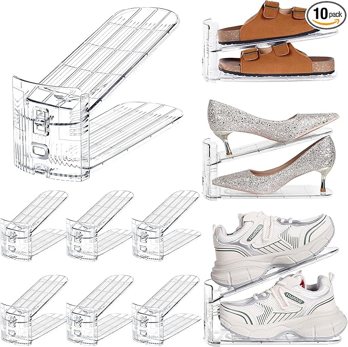 TOPNEW Shoe Slots Organizer for Closet 10 Pack Adjustable Level Shoe Stacker Holder Organization Double Layer Storage Space Saving Shoe Rack Organizer for Closet (Transparent)