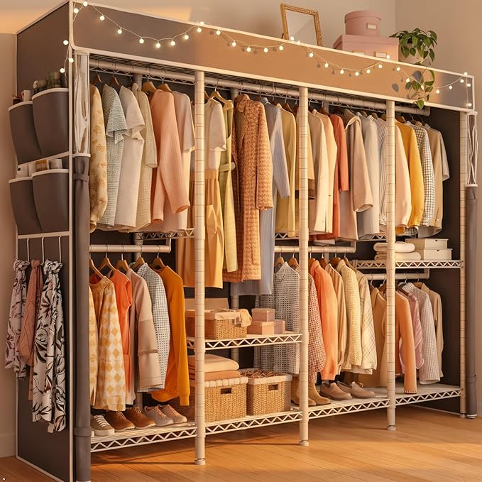Raybee Clothes Rack with Cover,1100 LBS,Clothing Racks for Hanging Clothes Heavy Duty,Portable Closet with Shelves,Adjustable,White,75.8" W x 17.7" D x 76.9" H