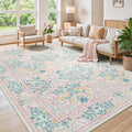 Lessymo 8x10 Washable Rug for Living Room, Soft Non Slip Pink Area Rugs for Bedroom Nursery Dining Room, Low Plie Boho Forest Large Carpet Botanical Colorful Cute Flower, Pink Green