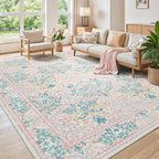 Lessymo 8x10 Washable Rug for Living Room, Soft Non Slip Pink Area Rugs for Bedroom Nursery Dining Room, Low Plie Boho Forest Large Carpet Botanical Colorful Cute Flower, Pink Green