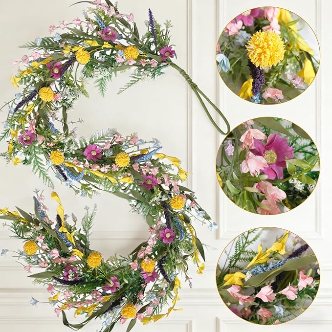 70-Inch Spring Summer Flower Garland for Mantle, Floral Garland with Colorful Wildflowers, Forsythia & Lavender Flowers for Decor, All Year Round Artificial Flower Garlands for Home Decor