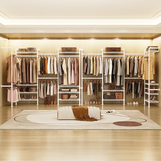 Wall Mounted Garment Rack, Industrial Pipe Metal Clothing Rack with 6 Hanging Rods (4 Expandable) & 8 Shelves, Closet Organizers and Storage System for Bedroom, Walk in Closet