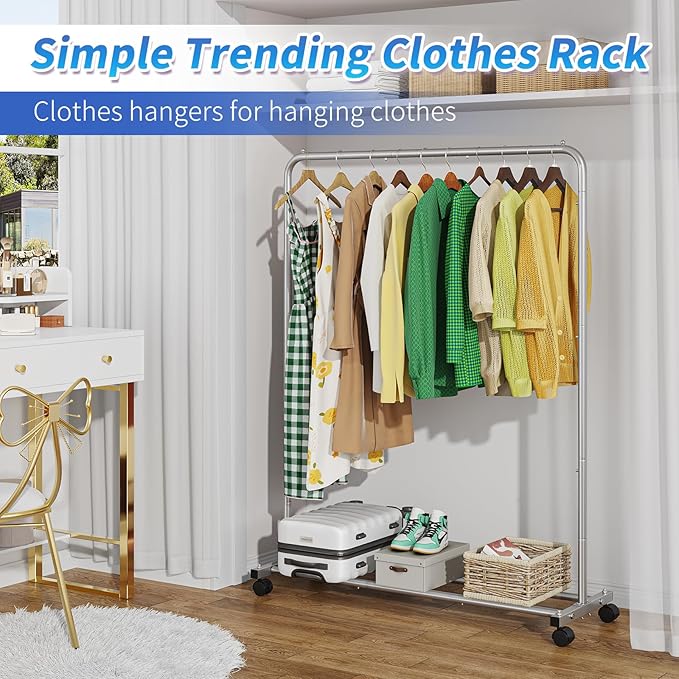 Simple Trending Standard Clothes Clothing Garment Rack with Storage Shelves, Rolling Clothes Organizer on Wheels for Hanging Clothes, Silver