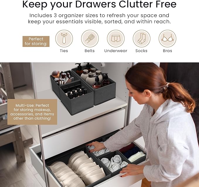 Reli. Drawer Organizer for Clothes (7 Pack) | Gray Dresser Organizer for Clothing | Foldable Fabric Drawer Bins for Bras, Nursery, Baby Clothes, Underwear, Socks | Dresser Storage Dividers
