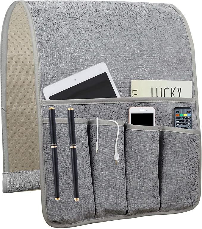 NB Remote Control Holder，Bedside & Armchair & Couch Caddy with Non-Slip Base，5 Pockets Oxford Fabric Bed Desk Storage Pocket for Phone Tablet Kindle Magazines，Gifts for Seniors (Gray, 35"X12.4")
