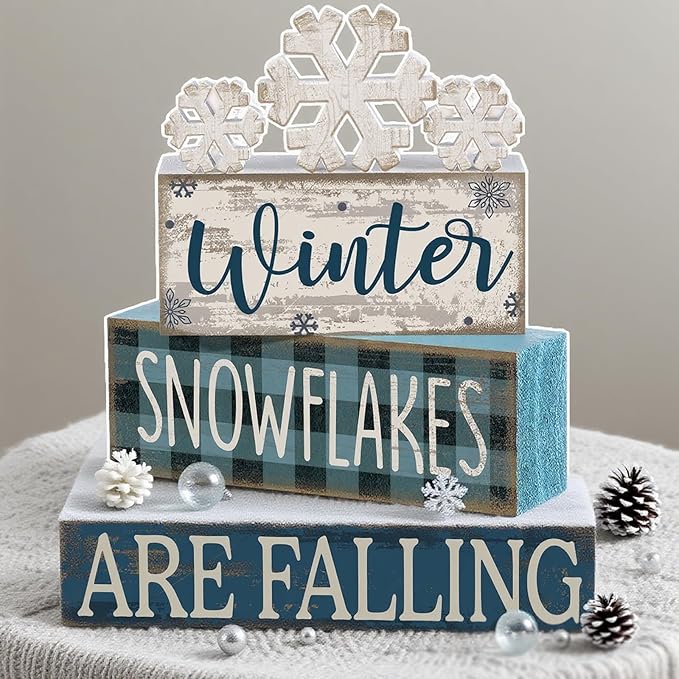 Yuntau 6 Pcs Winter Snowflakes Table Decorations Christmas Snowflake Centerpieces for Tables Winter Tiered Tray Decor Rustic Wood Snow Sign Farmhouse for Wonderland Party Kitchen Shelf Home
