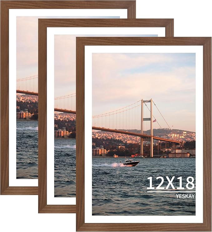 12x18 Picture Frame 3 Pack - Brown Poster Frame Display Pictures 11x17 with Mat or 12 x 18 Without Mat for Wall Hanging Horizontal and Vertical