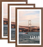 12x18 Picture Frame 3 Pack - Brown Poster Frame Display Pictures 11x17 with Mat or 12 x 18 Without Mat for Wall Hanging Horizontal and Vertical