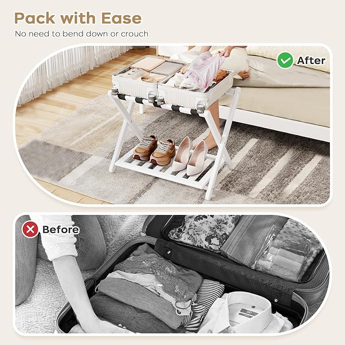 Luggage Rack for Guest Room - Set of 2 Full Assembled 26.77" L Luggage Rack Stand for Suitcases, Foldable Luggage Holder with Shoe Shelf for Bedroom, Hotel (White Bamboo Suitcase Stands)