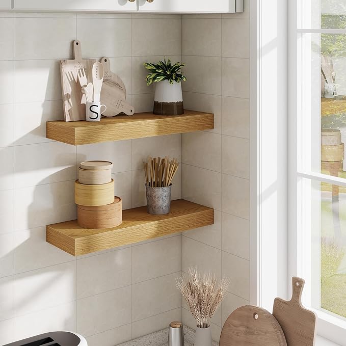 Fun Memories Floating Shelves Bathroom for Wall Mounted Shelves, 20 Inch Wood Shelf Set of 2, Home Storage & Display Decor, Oak