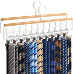 2PCS Tie Rack Hanger for Closet Upgraded 2-in-1 Tie and Belt Hanger Non Slip Tie Rack with 20 Hooks Tie Hanger Space Saving Wooden Belt Tie Organizer for Tank Tops Bras Cami Scarves, Wooden