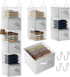 Closet Hanging Organizer with Drawers, 6 Tier Metal Closet Organizers and Storage with 4 Hanging Hooks 4 S-Hooks for Wardrobe Laundry Room, Wire Storage Shelf for Clothes Sweaters Pants (White)