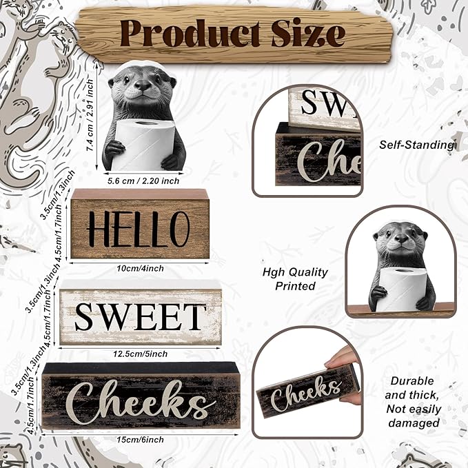 Moucuny 4 Pcs Otter Bathroom Decor Set Farmhouse Bathroom Decor and Accessories Rustic Hello Sweet Cheeks Wooden Blocks Signs with Toilet Paper Funny Toilet Shelf Decoration for Home Office Half Bath