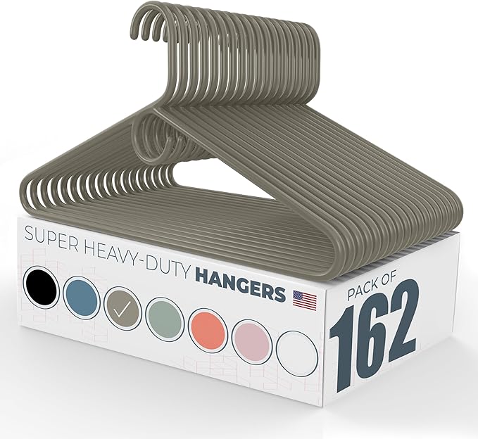 Neaties Super Heavy Duty Clothes Hangers 100+ Pack (162 Count) – Made in the USA - 10lb Capacity, Thick Plastic Hangers for Pants, Coats, Jackets, Jeans and Adult Clothing – Gray