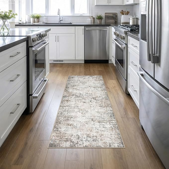 2'x6' Runner Rug Washable Rug: Modern Abstract Soft Thin Runner Rug Brown Grey
