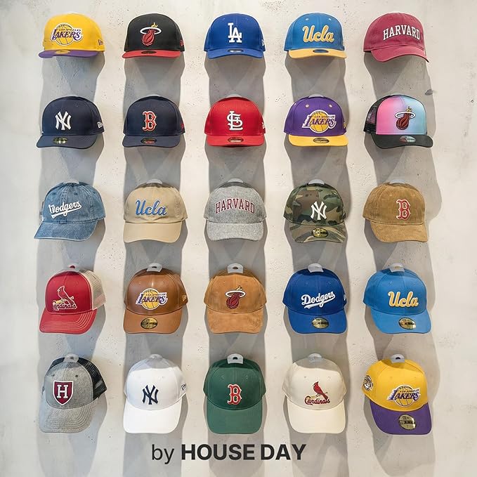 HOUSE DAY Adhesive Hat Hooks for Wall 16 Pack, Strong Hat Rack for Baseball Cap Display Organizer, Hats Hangers Holder for Wall, Door, Closet, No Drilling, Translucent
