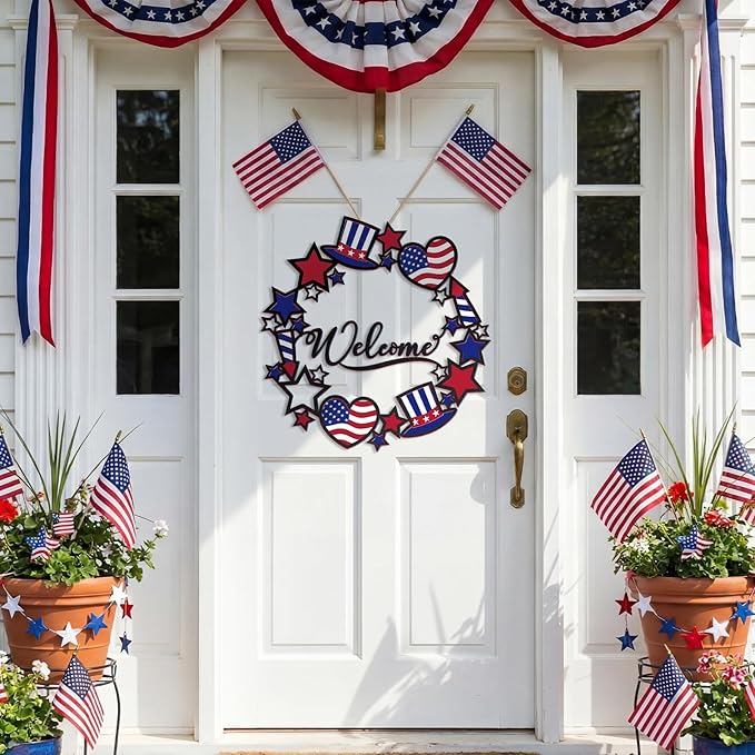 Bucherry 250th Anniversary Patriotic Metal Wreath for Front Door 12 Inch 4th of July Red White Blue Star Welcome Sign 1776-2026 Americana Independence Day Hanging Decor Vintage Rustic Porch Outdoor