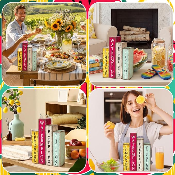 Lineshading 4 Pcs Summer Table Decoration Wooden Book Lemon Watermelon Wooden Sign Yellow and Red Summer Tiered Tray Decor Wood Book Sign Farmhouse for Home Shelf Coffee Table