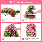 Artificial Faux Hanging Flowers Basket for Spring Summer Outdoor Porch Decor, Fake Silk Colorful Morning Glory Eucalyptus in Planter UV Resistant Look Real for Home Patio Balcony Yard(Pink)