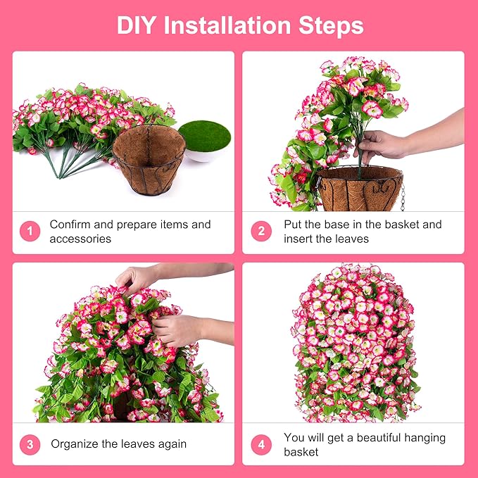 Artificial Faux Hanging Flowers Basket for Spring Summer Outdoor Porch Decor, Fake Silk Colorful Morning Glory Eucalyptus in Planter UV Resistant Look Real for Home Patio Balcony Yard(Pink)
