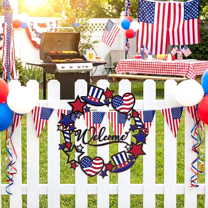 Bucherry 250th Anniversary Patriotic Metal Wreath for Front Door 12 Inch 4th of July Red White Blue Star Welcome Sign 1776-2026 Americana Independence Day Hanging Decor Vintage Rustic Porch Outdoor