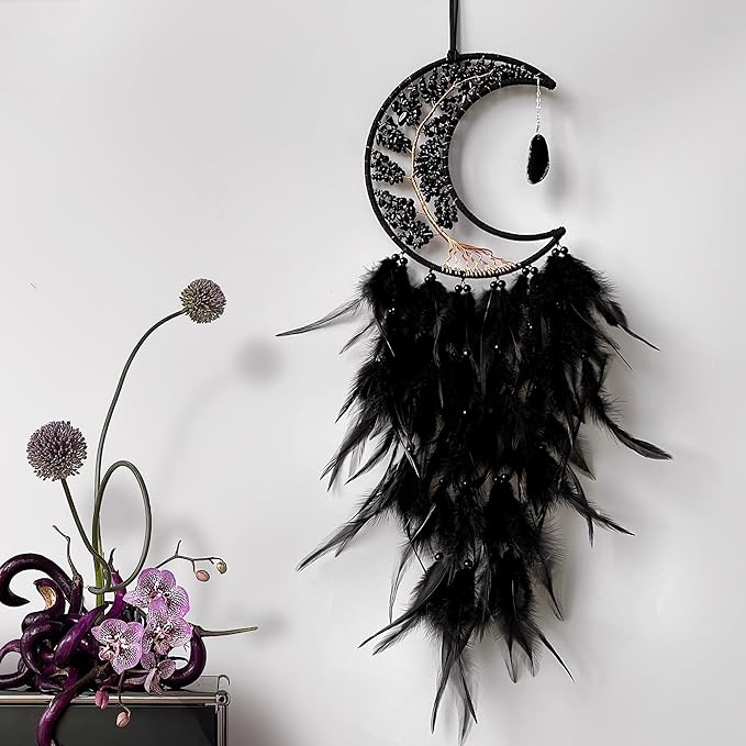 Moon Dream Catchers with Chakra Gemstone Agate Stone, Crystal Tree Life Dream Catchers Wall Hangings Room Decor (Black)