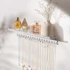Necklace Holder Wall Hanging Organizer: Wall Mounted Jewelry Shelf with 56 Hooks and Tray, Display Hanger for Kids, Girls and Women, White & Metal