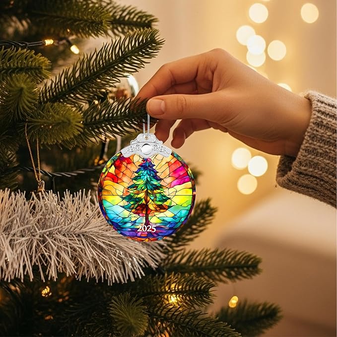 2025 Christmas Ornaments, Christmas Tree Ornaments Acrylic, Faux Stained Glass Effect White Elephant Gifts Exchange, Unique Suncatcher Xmas Stocking Stuffers for Women, Men (Tree)