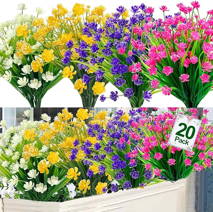 TURNMEON 20 Bundles Artificial Flowers for Outdoors Fake Plants Spring Decor, UV Resistant Artificial Plants Cemetery Fake Flowers Faux Plastic Greenery Shrubs for Home Porch Summer Decor 580 Heads