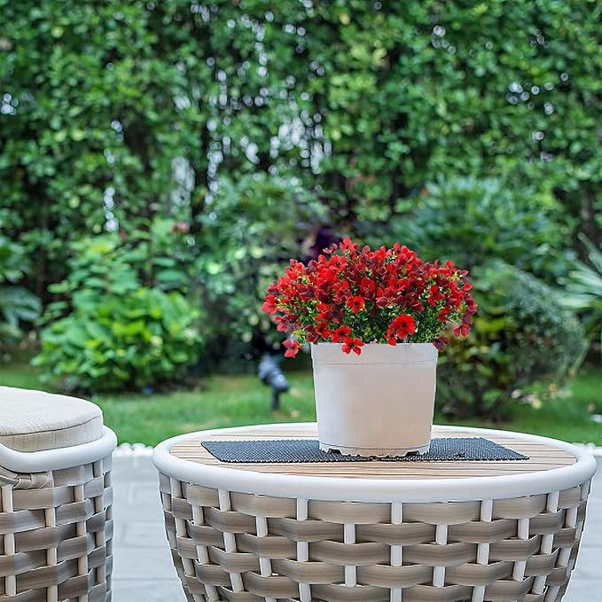 Artificial Faux Plants Flowers Outdoor Spring Summer Decoration, 12 Bundles Fake Silk Colorful Daisy Eucalyptus Realistic UV Resistant for Outside Home Planter Porch Patio Yard Decor (Red Brown)