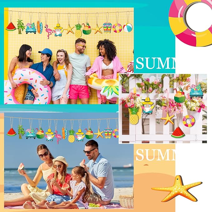 Geelin 36 Pcs Summer Wood Hanging Ornaments for Tree Mini Tree Decorations Hawaiian Beach Wooden Pendant Decorations with String for Luau Party Supplies(Classical)