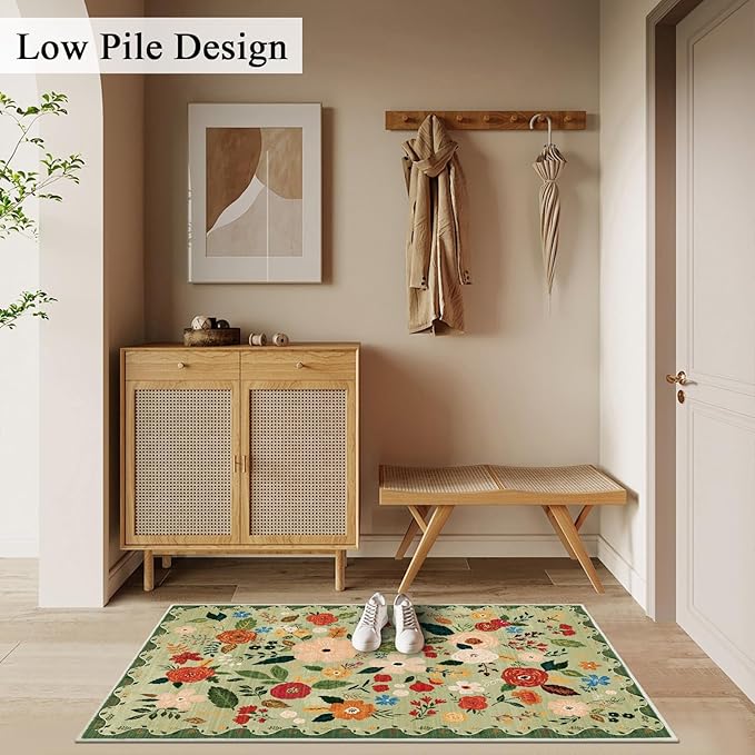 U'Artlines Indoor Door Mat Entrance Rug 2'x3'Soft Non Slip Machine Washable Floral Small Area Rug Carpet for Entryway Kitchen Bathroom Bedroom Green