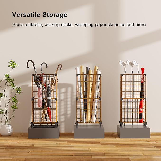 AWTATOS Umbrella Holder Entryway, Umbrella Stand Freestanding, Metal Square Umbrella Rack Organizer with a Removable Drip Tray, Hooks, Brown
