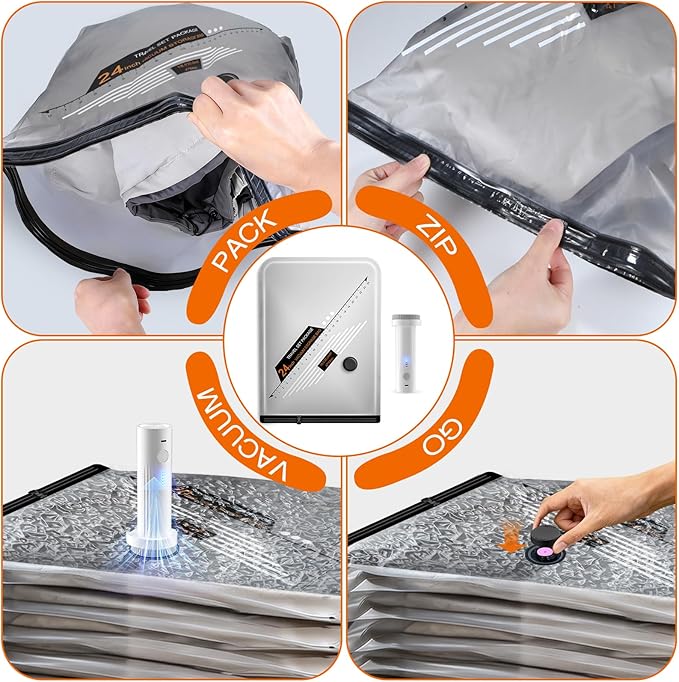 Travel Vacuum Bags with Cordless Electric Pump, GZOKMOG 12 Pack Space Saver Storage Bags, Vacuum Seal Bags for Clothing, Compression Packing Cubes for Luggage Suitcase
