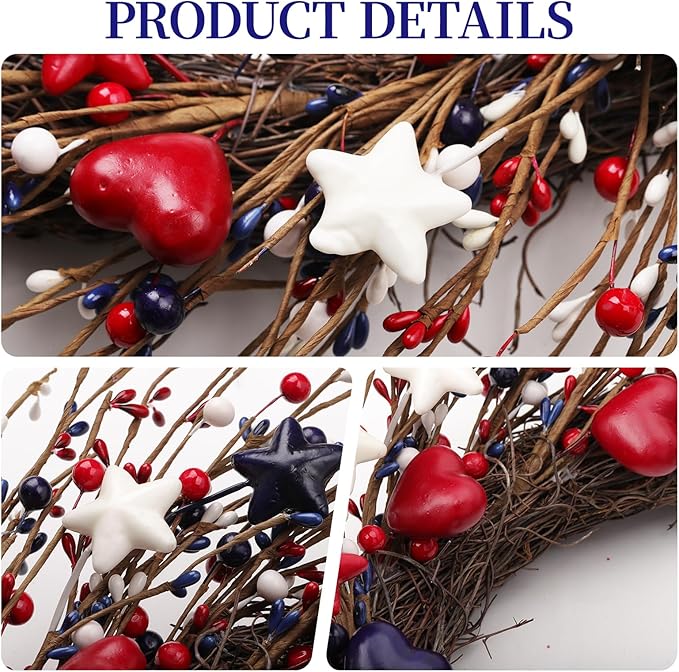 zjlmit 22 Inch 4th of July Wreath with Grapevine Base - Red White and Blue Berry Patriotic Wreath with Hanging Loop for Front Door, Independence Day & Memorial Day Decor