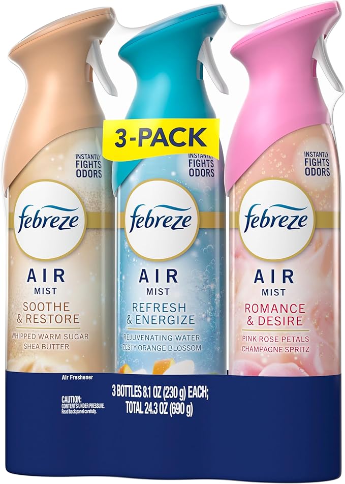 Febreze Air Mist, Air Freshener, Odor Fighting Room Spray, Deodorizer for Home Bathroom Kitchen Office Apartment, Soothe & Restore, Refresh & Energize, Romance & Desire Variety Pack, 8.1oz (Pack of 3)