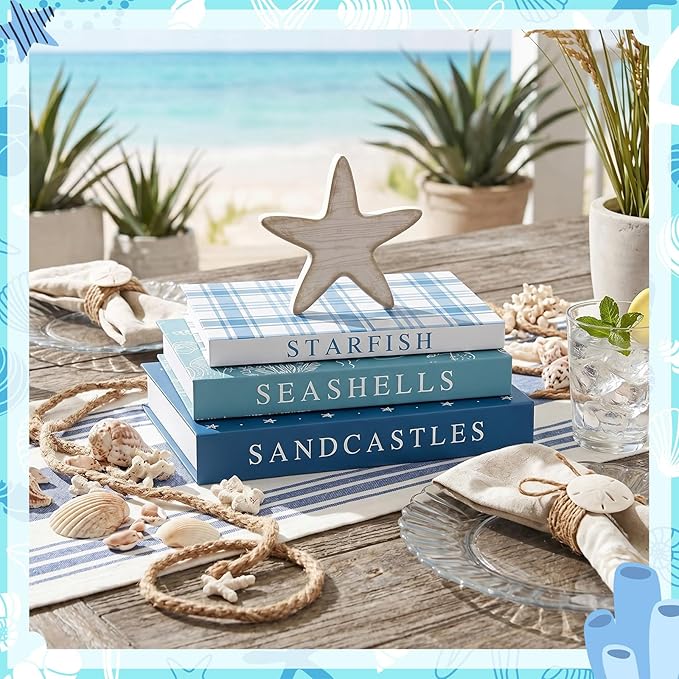 Thyle Summer Fake Decorative Books Set Wooden Starfish Table Signs Beach House Decor Faux Ocean Decoration Books for Farmhouse Coastal Summer Living Room Bedroom Office Bookshelf Decor