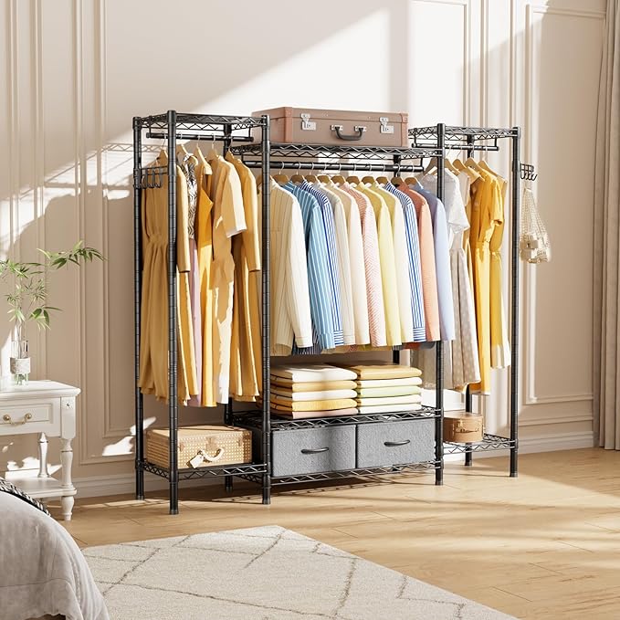 Coat Rack Clothes Wardrobe：Closet Organizer and Storage Clothing Garment Rack with Shelves Heavy Duty for Hanging Clothes Portable Adjustable Black 15.8" DX56.8 WX76.5 H