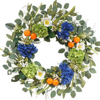 Idyllic 22 Inch Spring Wreath Blue Green Hydrangea with Orange Berries White Flowers Front Door Window Mantel Wedding Home Decor