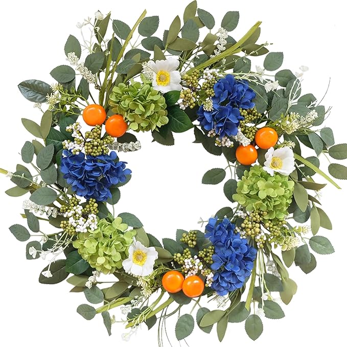 Idyllic 22 Inch Spring Wreath Blue Green Hydrangea with Orange Berries White Flowers Front Door Window Mantel Wedding Home Decor
