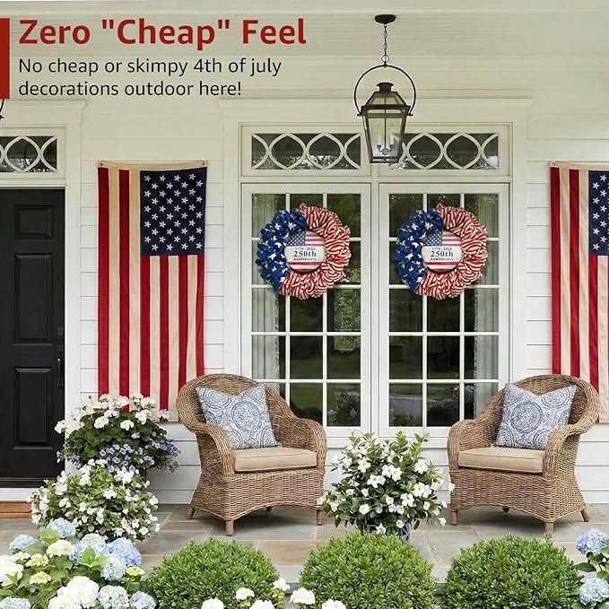 4th of July Wreath for Front Door - 20 inch Memorial Day Patriotic Decorations Outdoor, Red White and Blue 1776-2026 USA 250th Anniversary Burlap American Flag Door Wreaths