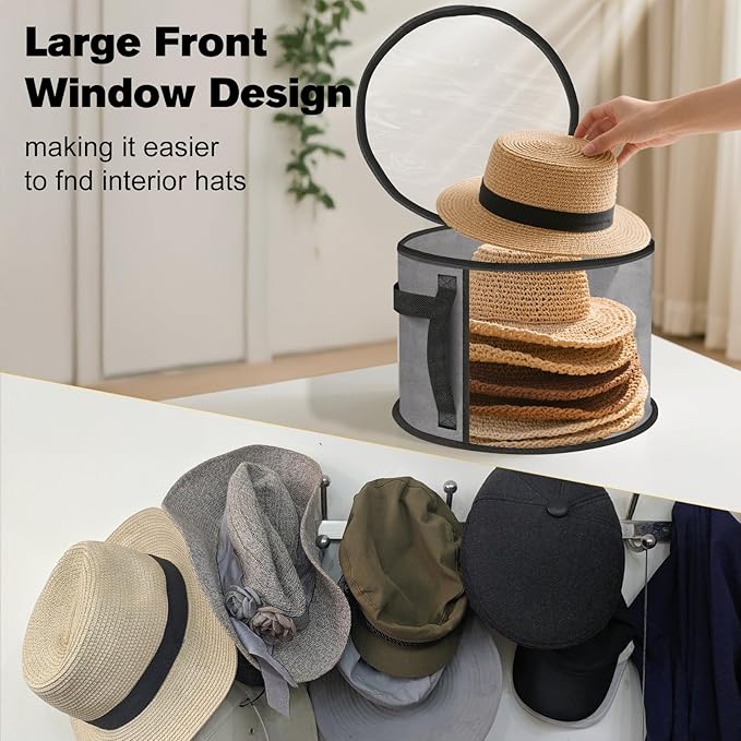 Extra Large Clear Hat Organizer for Travel and Wardrobe, Holds up to 7 Hats, Large Capacity Cowboy Hat Organizer, Oxford Cloth with Carrying Handle, Unisex Hat Box (Gray)