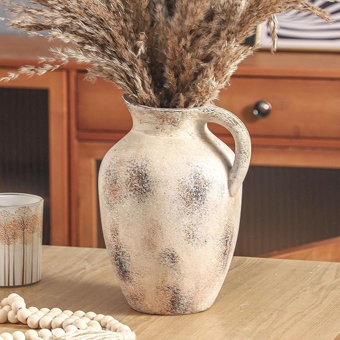 Vintage Farmhouse Pottery Vase, 9.7 inch Handcrafted Decorative Ceramic Vase for Home, Dining Table, Bathroom, or Bookshelf Accents