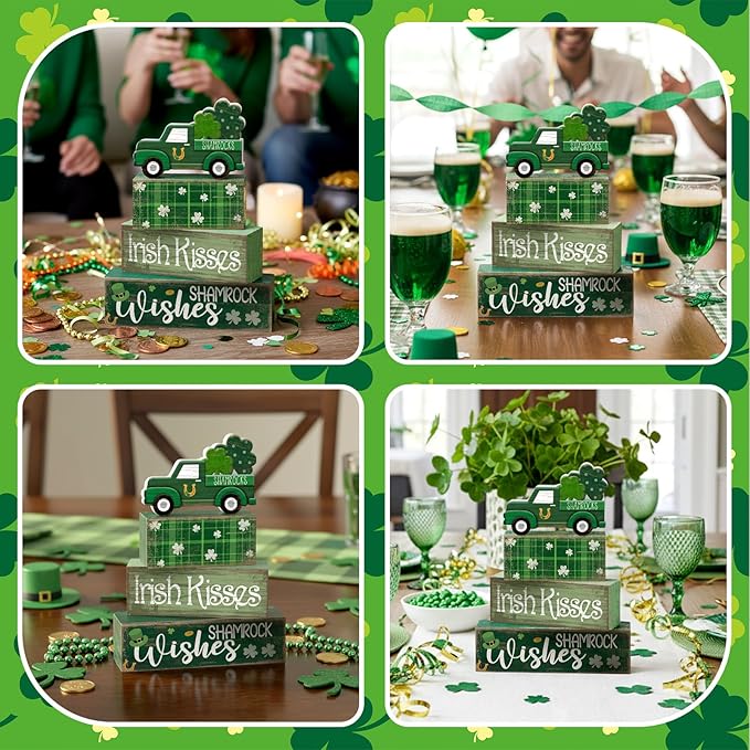 Lineshading 4 Pcs St. Patrick's Day Table Decoration Wooden Shamrocks Truck St Patrick's Day Tiered Tray Decor Irish Table Centerpiece for Saint Patty's Party Farmhouse Home Kitchen Decor